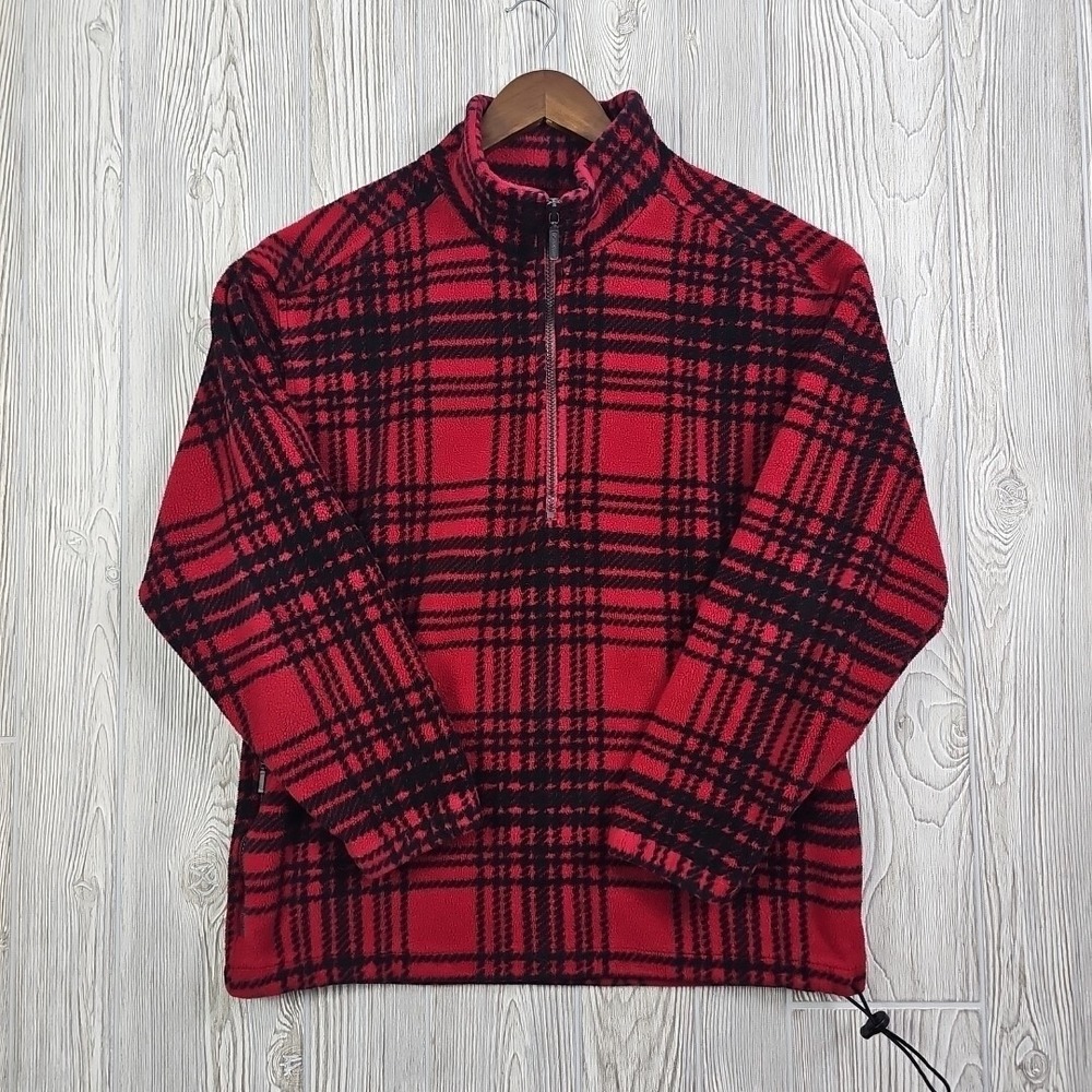 🎄‎ Eddie Bauer Red Plaid 1/4 Quarter Zip Fleece Pullover Polartec Holiday Cozy